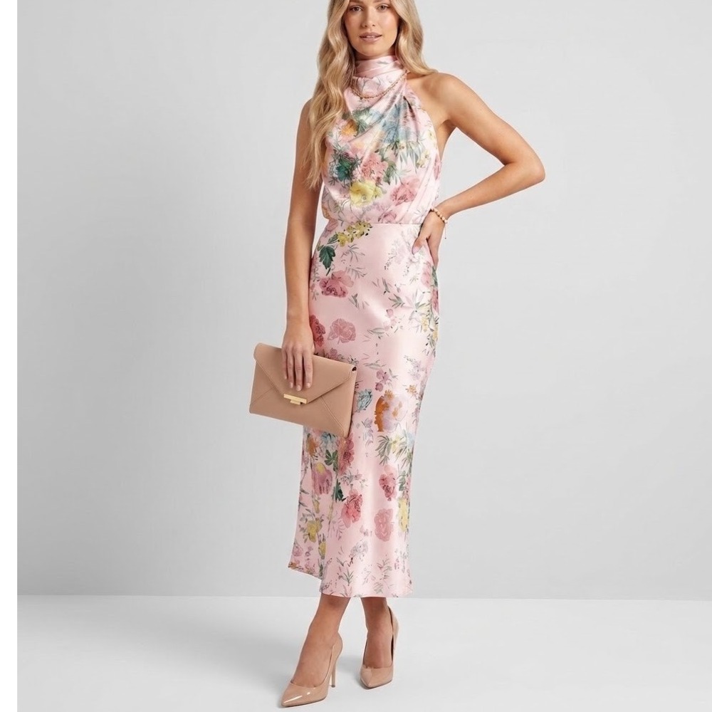 Petal & Pup Pink Floral Satin Halter Neck Cowl Midi Dress Botanical Print
M